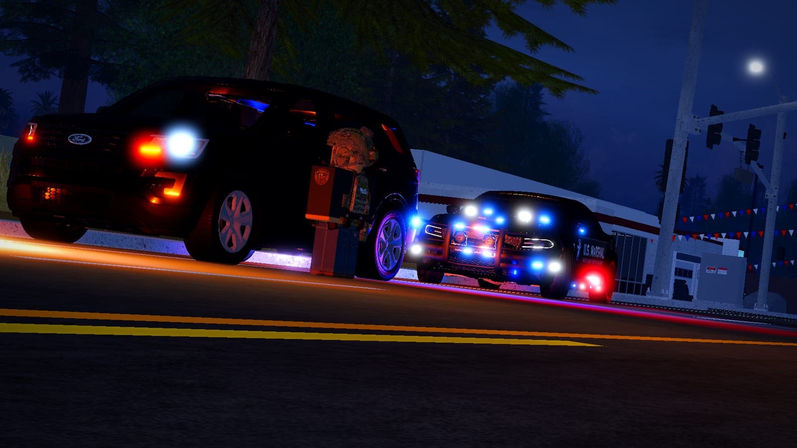 A night traffic stop: an unmarked Ford Explorer and a U.S. Marshal Charger with lights on, a tactical officer between them