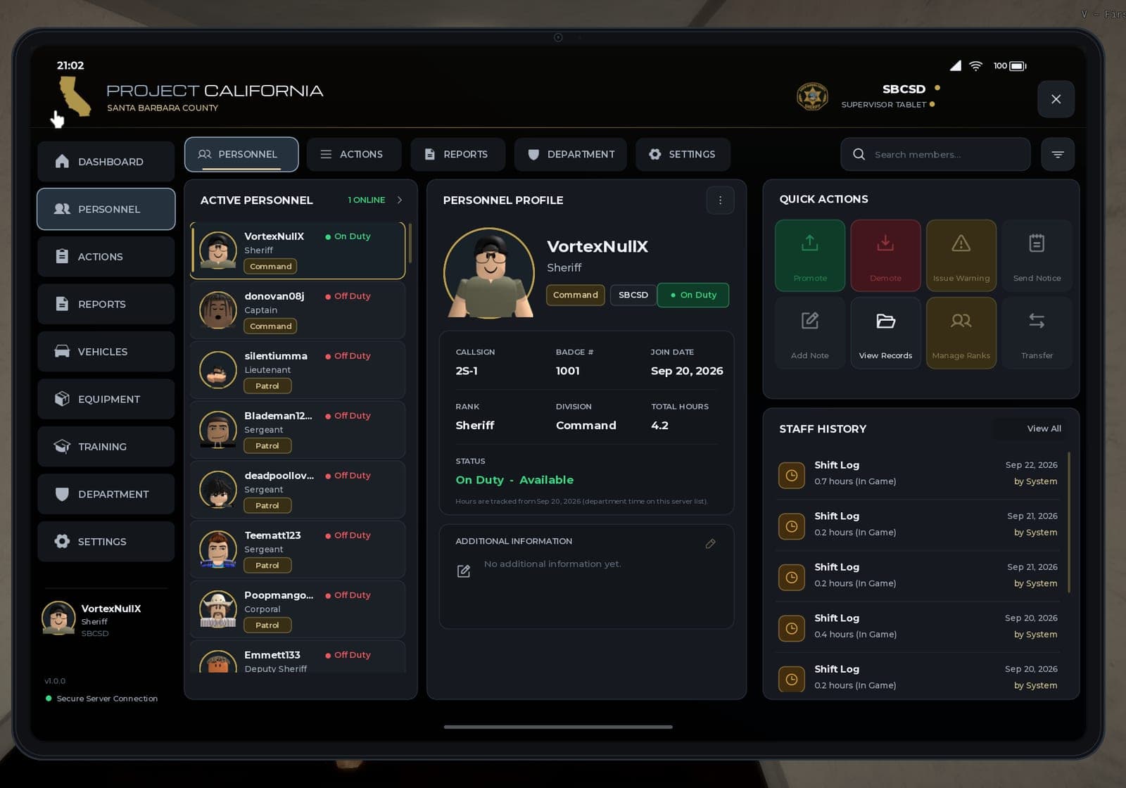 The in-game Sheriff supervisor tablet showing active personnel and a profile